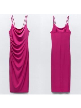 Zara fuchsia hot pink draped gathered cowl neck spaghetti strap midi dress NWOT